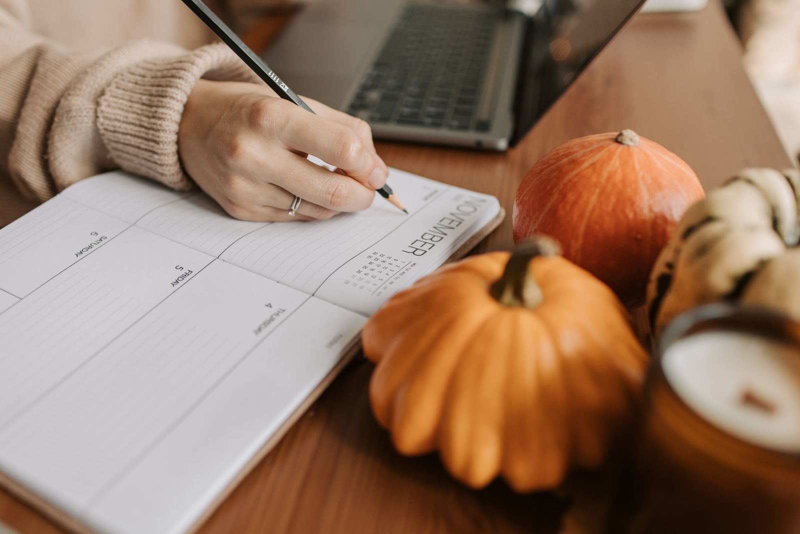 Planner, laptop and pumpkins on an autumn desk, tracking when cruise lines have sales